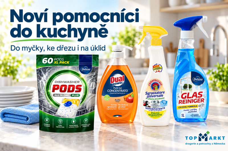 Kapsle Deluxe do myčky, prostředek Dual Power na nádobí, odmašťovač Chanteclair a čistič skel Deluxe